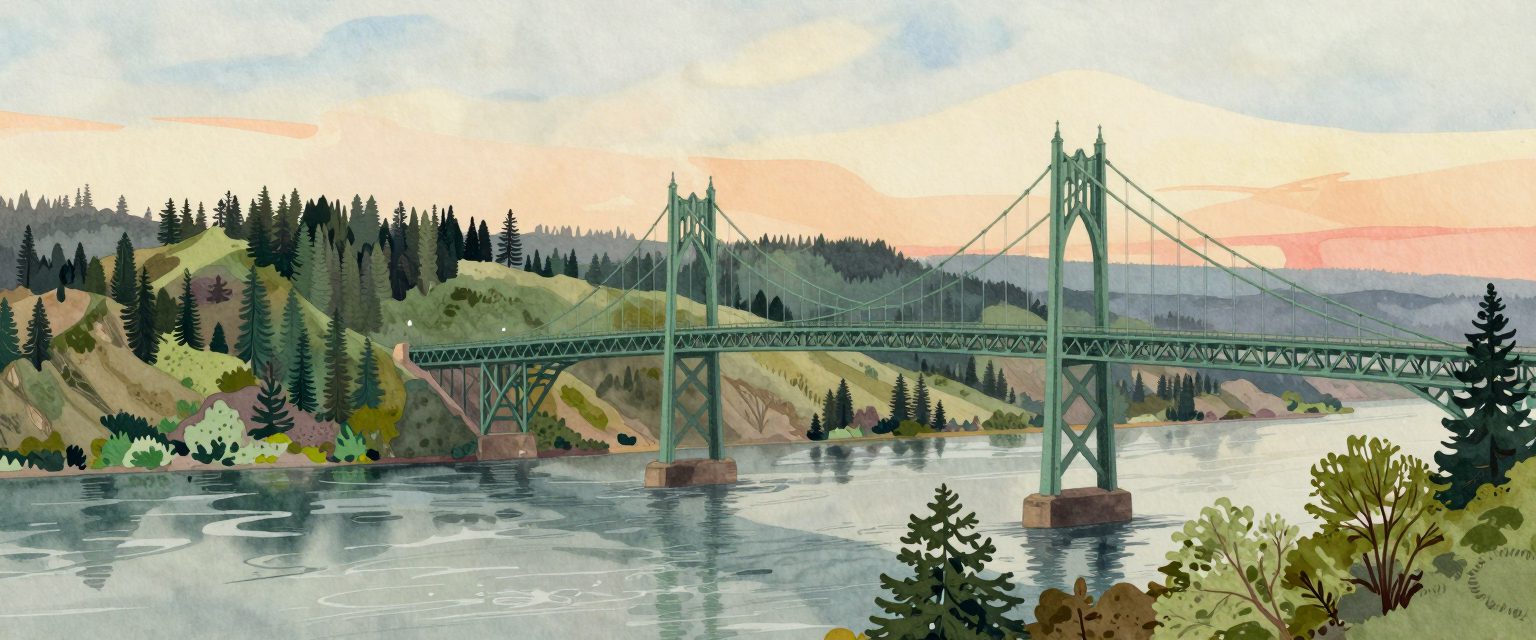 A painting of the St. Johns Bridge over the Willamette at sunset