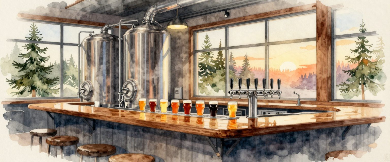 A painting of a Portland brewery taproom with fermentation tanks behind the bar