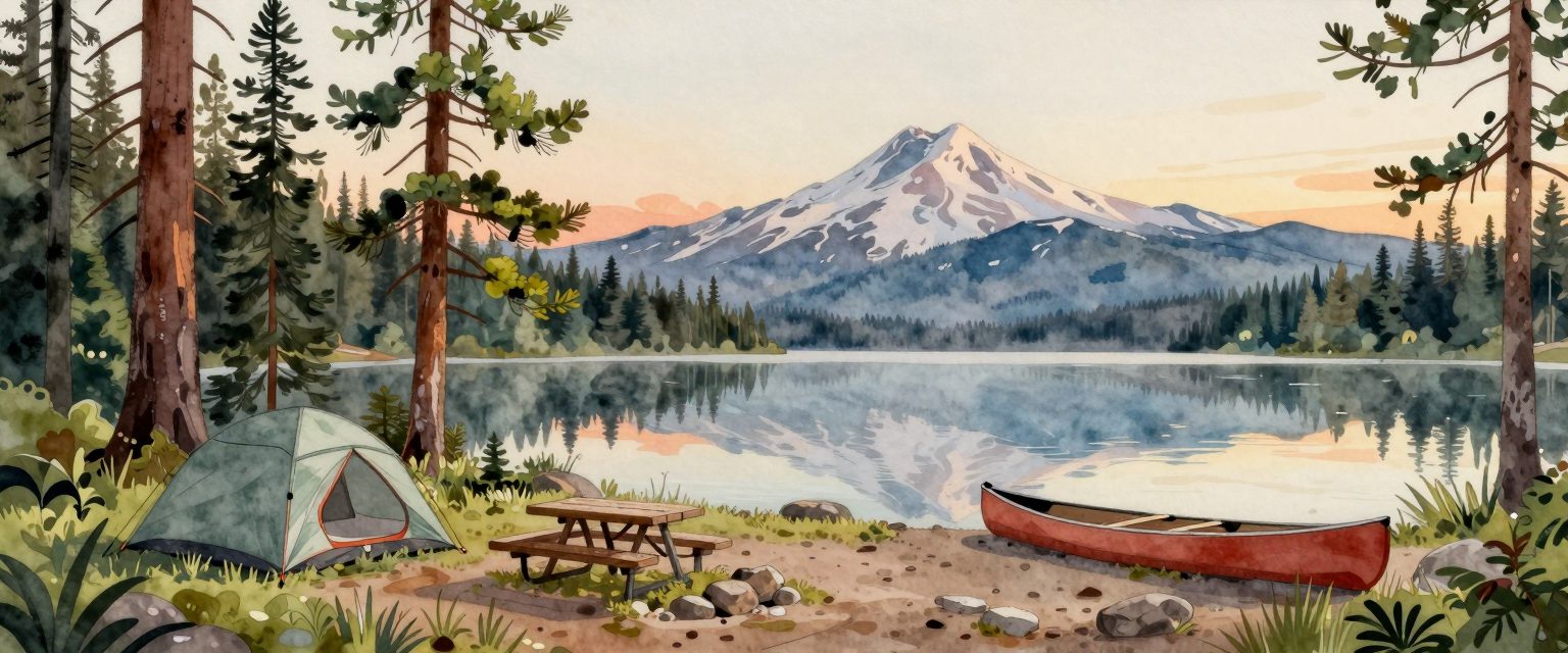 A painting of a tent at a lakeshore campsite with Mount Hood across the water