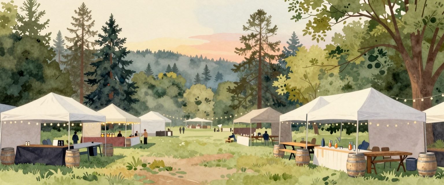 A painting of an outdoor beer festival in a Portland park