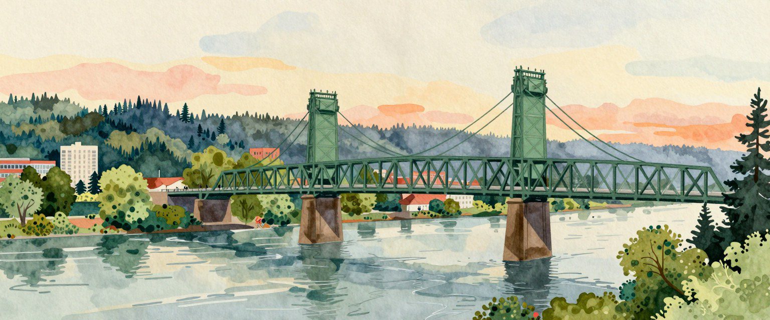 A painting of the Hawthorne Bridge over the Willamette