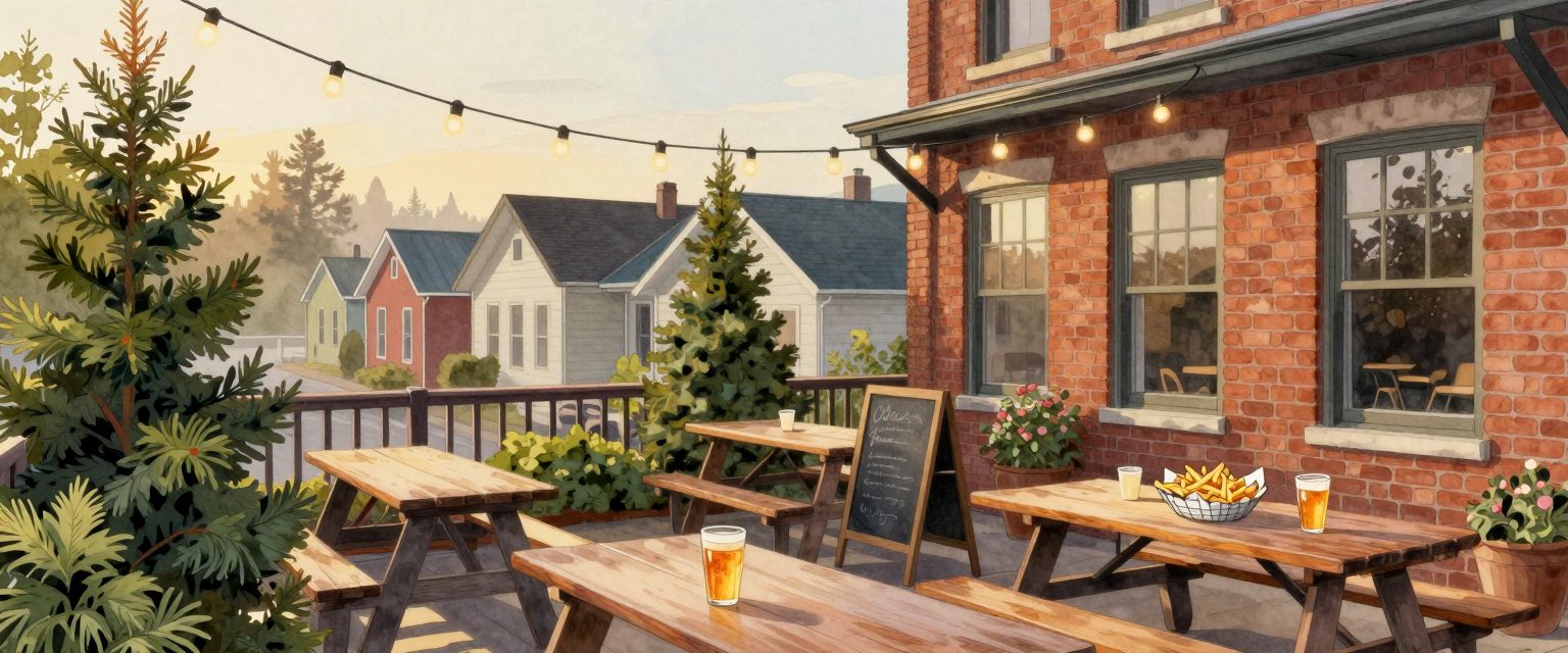 A painting of a brewpub patio with string lights at golden hour