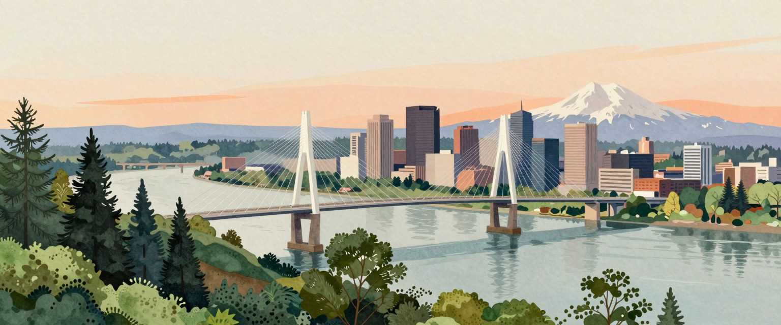 A painting of Tilikum Crossing over the Willamette, downtown Portland behind it and Mount Hood at sunset